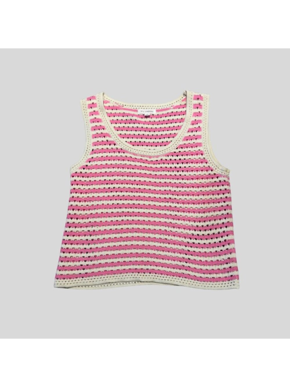 Blu Pepper Crochet Knit Tank Top Womens Size M Pink Cream Striped Boho Coastal